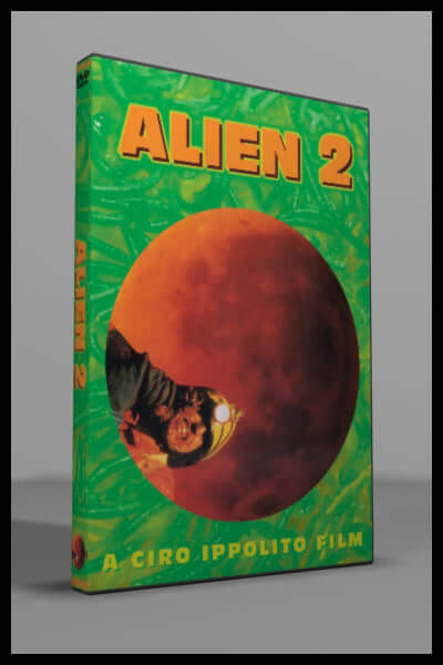 Alien 2 (1980) DVD cover featuring a caver with a helmet against a dramatic orange moon background.