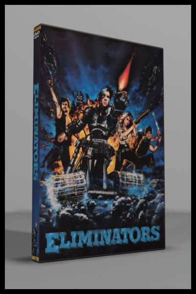 Eliminators DVD cover featuring a cyborg and action characters in a sci-fi setting from the 1986 film.